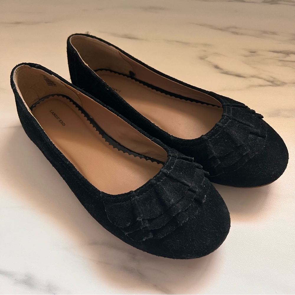 Lands' End Black Suede Women's Flats with Ruffle Detail